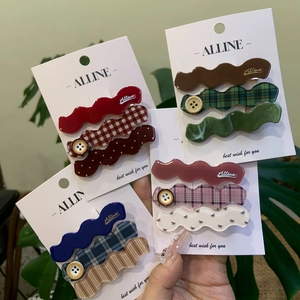 Wave Shaped Button Checkered Hair Clips Acrylic Vintage Resin Duckbill Side Bangs Accessories Sweet Style For Women