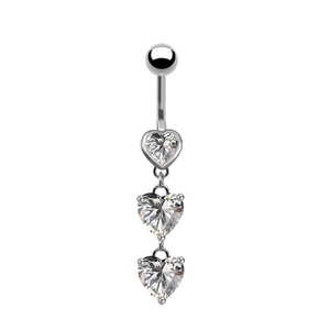 Silver stainless steel belly ring with three dangling heart shaped clear gemstones