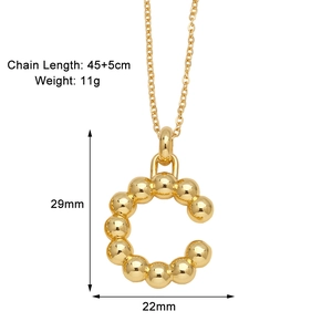 Detailed measurement of gold letter C pendant showing dimensions and chain length