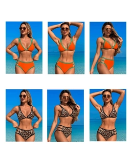 Detail of high-waist bikini sets with metal ring side hardware in orange and leopard print