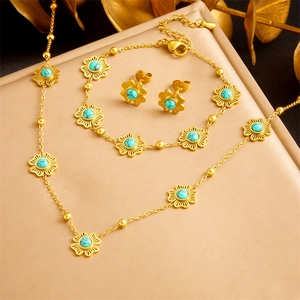 Vintage floral jewelry set with blue turquoise and gold-plated stainless steel chain