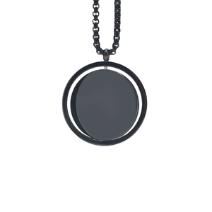 Close-up of black multilayer round pendant necklace with polished stainless steel chain