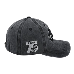 Dettaglio del cappellino vintage grigio lavato con ricamo laterale e tessuto in cotone usurato