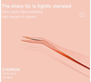 Detail of rose gold eyelash tweezers with a tightly closed tip for eyebrow shaping