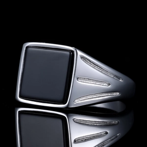 Minimalist square black onyx signet ring in polished silver steel for men