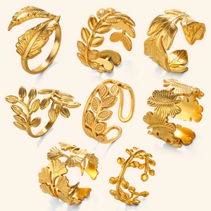 8-piece set of 18K gold plated ginkgo leaf and feather adjustable open rings for women
