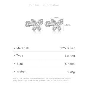 Detailed product specifications for S925 silver butterfly earrings with CZ stones