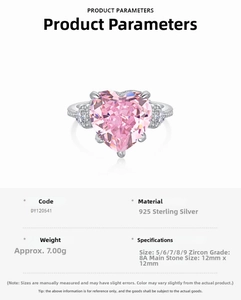 Macro shot of S925 sterling silver ring with 12mm pink heart-shaped radiant cut zircon