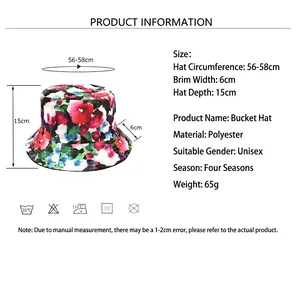 Tie-dye floral bucket hat sizing chart with dimensions 56-58cm for men and women