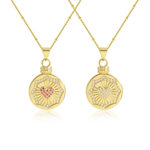Heart Pendant Necklace Copper 18K Gold Plated Cubic Zirconia Sunburst Round Medallion Fashion Jewelry For Women