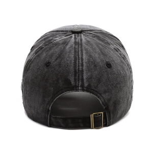 Vintage washed dark grey cotton baseball cap shown from a rear view with metal buckle