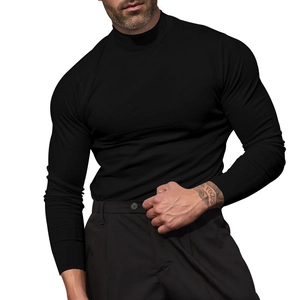 Detail of slim-fit men's long sleeve black thermal T-shirt with semi-high collar neck