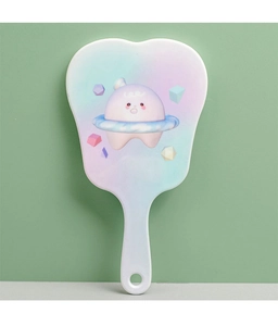 Detail of white cartoon planet hand mirror with soft blue and pink gradient on plastic frame