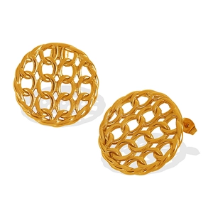 Elegant French style gold plated titanium earrings with woven hollow chain mesh disk design