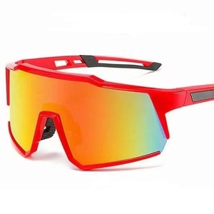 Outdoor cycling sunglasses with red frame and colorful gradient panoramic large lenses