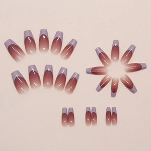 Flat lay of 24pcs coffin false nails with burgundy gradient and lavender french tips