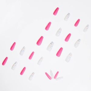 Coffin press-on nails with pink matte finish and cute smiling cloud heart designs