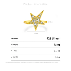 Detailed view of S925 silver star ring with micro-paved cubic zirconia and size dimensions