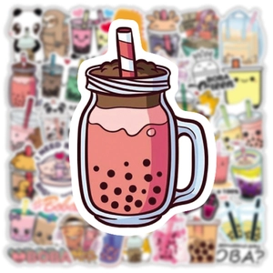 Close-up of cute pink boba tea waterproof sticker with mason jar design and straw