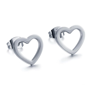 Macro detail of polished stainless steel hollow heart stud earrings on white background