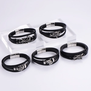 Men's multi-layered leather bracelets with silver metal wolf and eagle animal charms