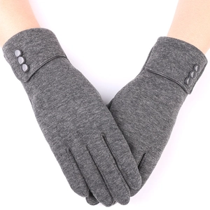 Women's dark gray thermal knit gloves with decorative buttons and thick fleece lining