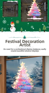 Close-up of pink Christmas tree window sticker with festive ornaments and snowflakes