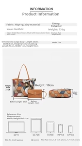 Detailed size chart for large tote bag set showing precise dimensions and weight