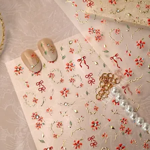 Nail Art Stickers 3D Embossed Bronzing Gold Red Flower Ribbon Bow French Style DIY Manicure Ultra Thin Self Adhesive