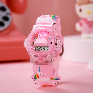 Pink silicone LED digital watch for kids with 3D rainbow unicorn and star patterns