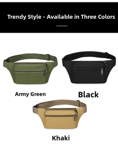 Three-color display of durable nylon waist bags in army green, black, and khaki tones