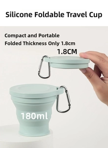 Green 180ml folding silicone travel cup with carabiner and slim 1.8cm thickness