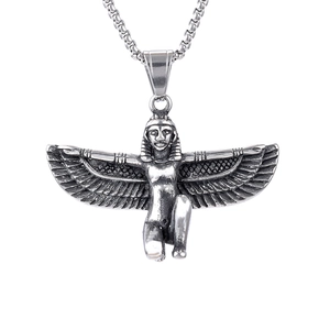 Vintage Egyptian winged pendant in stainless steel with retro silver finish on white background