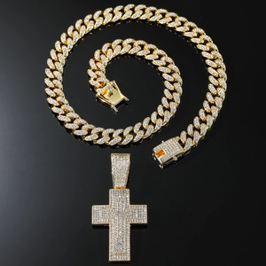 Gold-plated Cuban link necklace with iced out cross pendant in sparkling zircon crystals