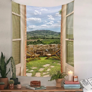 Detail of Bohemian tapestry with window landscape view showing rustic stone wall and hills