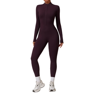 Slim-fit purple long sleeve thermal yoga jumpsuit with half-zipper and high elasticity
