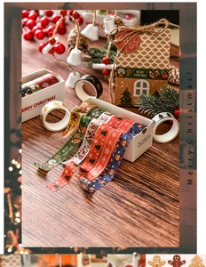 Detail view of 6-roll Christmas washi tape set, 15mmx3m size on dark wood background