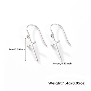 Detail view of silver cross earrings with dimensions 2cm by 0.8cm and weight 1.4g