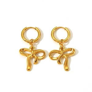 Elegant gold bow pendant hoop earrings with polished mirror finish for women
