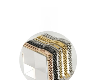 Detail of four-color handmade jubilee watch straps in silver, gold, rose gold and black finish