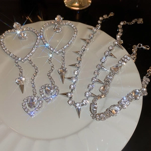Luxury silver heart fringe earrings and studded necklace set with sparkling rhinestones