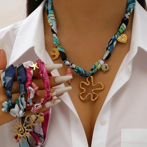 Bohemian 18K gold-plated necklace and bracelet set with colorful floral fabric and charms