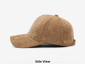 Side view of a thick herringbone pattern baseball cap in a vintage brown color