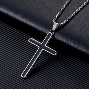 Minimalist stainless steel silver cross pendant necklace with black enamel inlay on leather