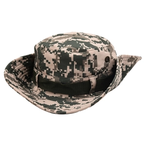 Macro detail of digital camouflage boonie hat with tactical webbing and metal eyelets
