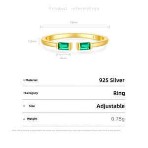 Detailed view of adjustable S925 silver ring with green stones and size dimensions