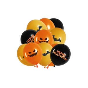 Halloween balloon set with orange pumpkin, black bat, and yellow happy halloween prints