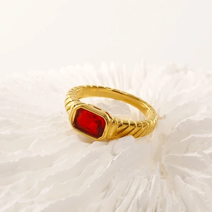French vintage 18k gold plated ring with emerald cut red gemstone and textured band