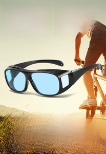 Detail of polarized sunglasses with blue lenses and PC frame for driving and cycling