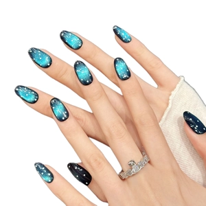 Starry Night gradient blue and black almond press-on nails with sparkling glitter dots